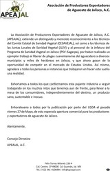 RECONOCIMIENTO de APEAJAL Asocición de Productores Exportadores de Aguacate de Jalisco