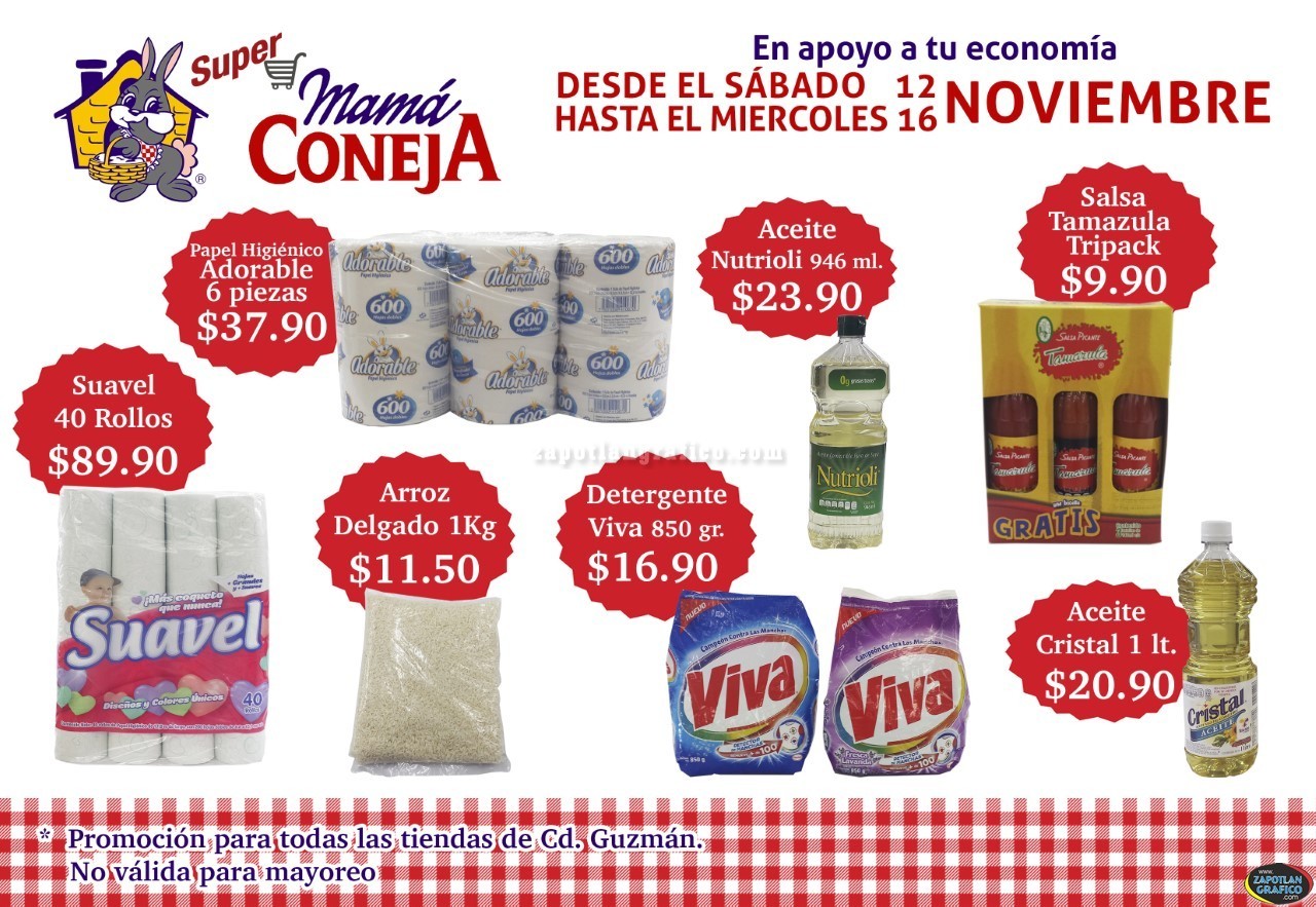 En apoyo a tu Economía, del 13 al 16 de Noviembre aprovecha las Promociones de Mamá Coneja en Cd. Guzmán, Jal.