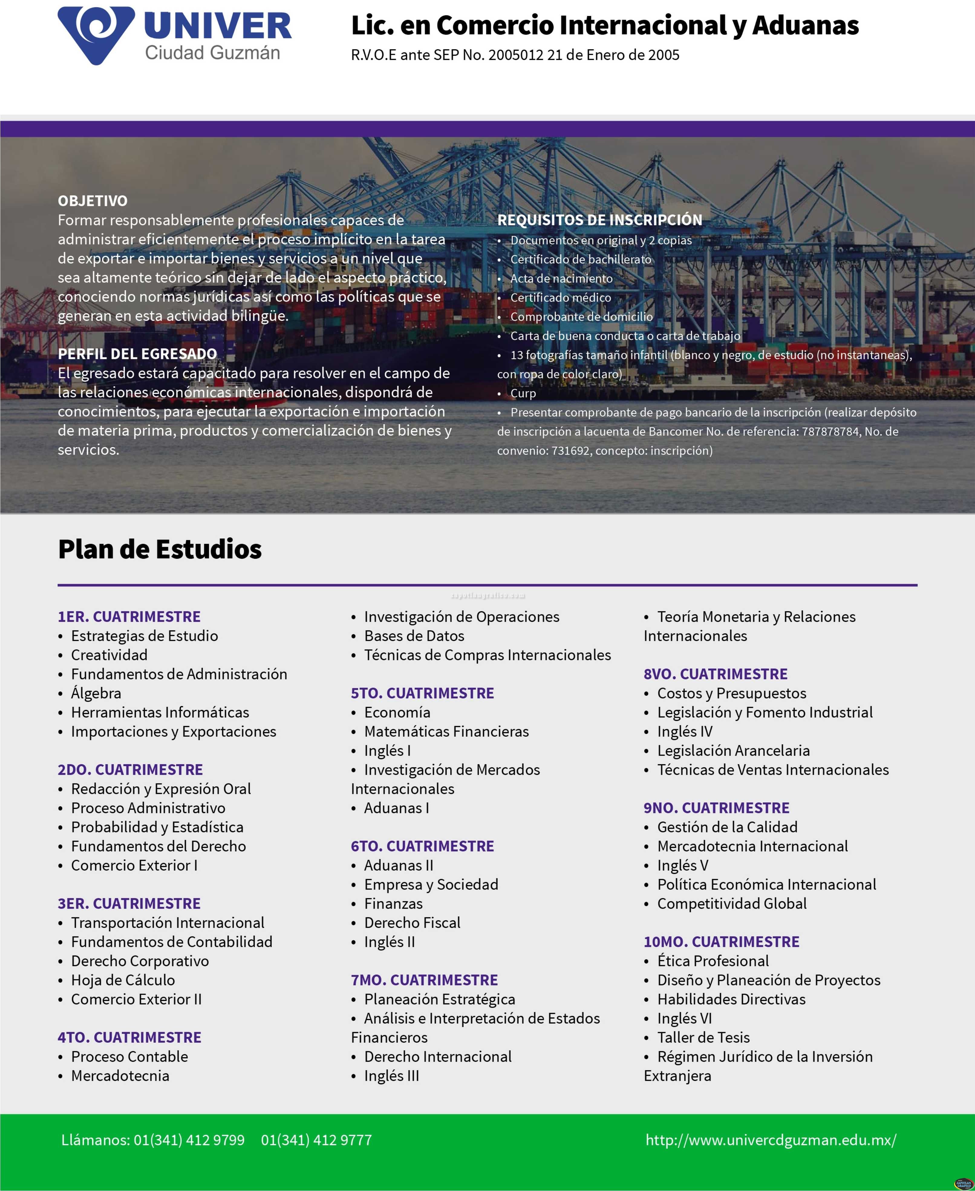 Plan de Estudios: Licenciatura en Comercio Internacional UNIVER Ciudad Guzmán, Jal.