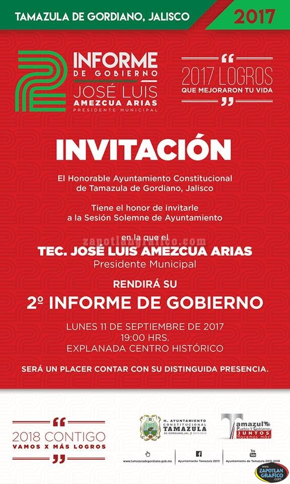INVITACIÓN al 2do. Informe de Gobierno en Tamazula de Gordiano, Jal.