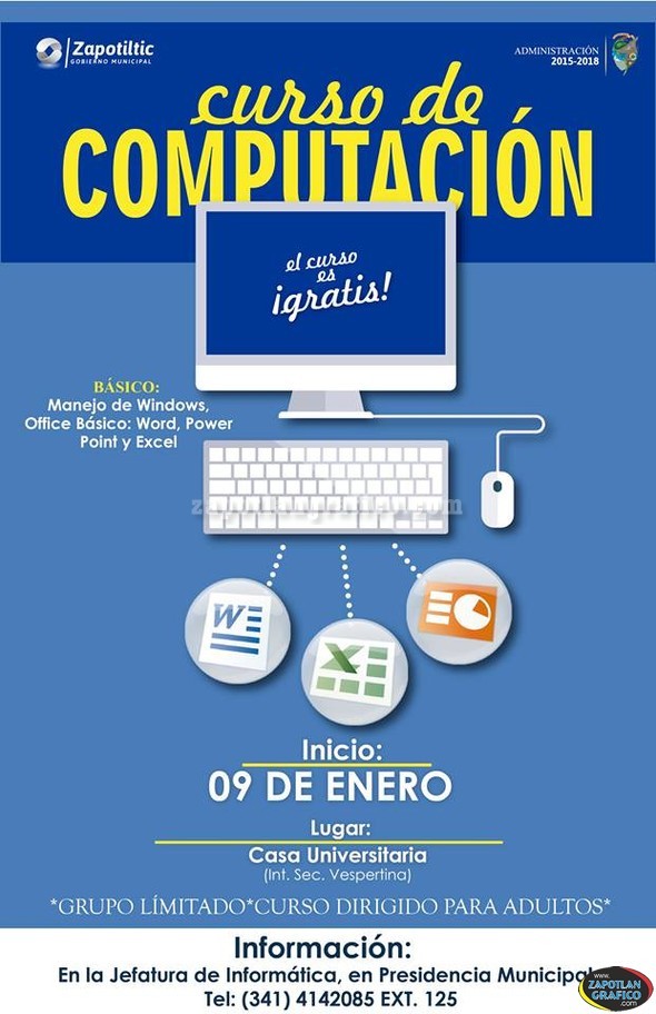 Nuevo curso de computación para adultos ¡Inscribete!, Invita Gobierno Municipal de Zapotiltic, Jal.